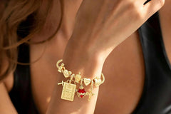Hearts on Fire Gold Charm Bracelet — Ruby Gemstone Heart, Gold Cross & Angel Charm Friendship Bracelet, Gift for Her