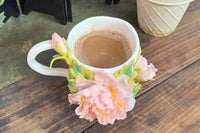 Hand Sculpted Floral Ceramic Art，a one of a kind coffee mug or a handcrafted tea cup.Enjoy with afternoon reading or during teatime.