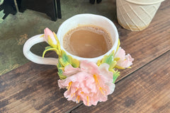 Hand Sculpted Floral Ceramic Art，a one of a kind coffee mug or a handcrafted tea cup.Enjoy with afternoon reading or during teatime.