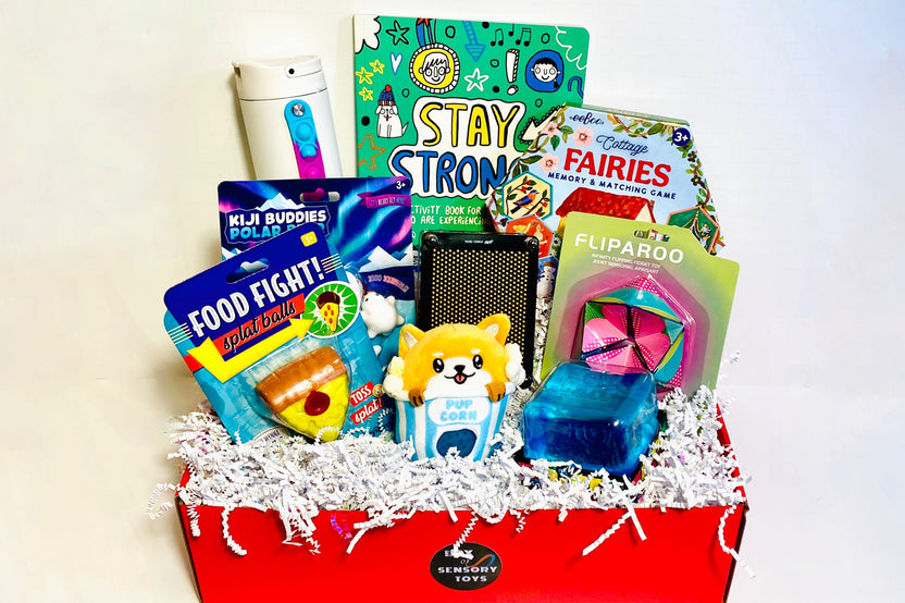 School Sensory box- Eeboo Fairies board game, food fight squish,Fliparoo, Beadie squish,pin print, Kiji budddies,Elemental bottle,cube, book