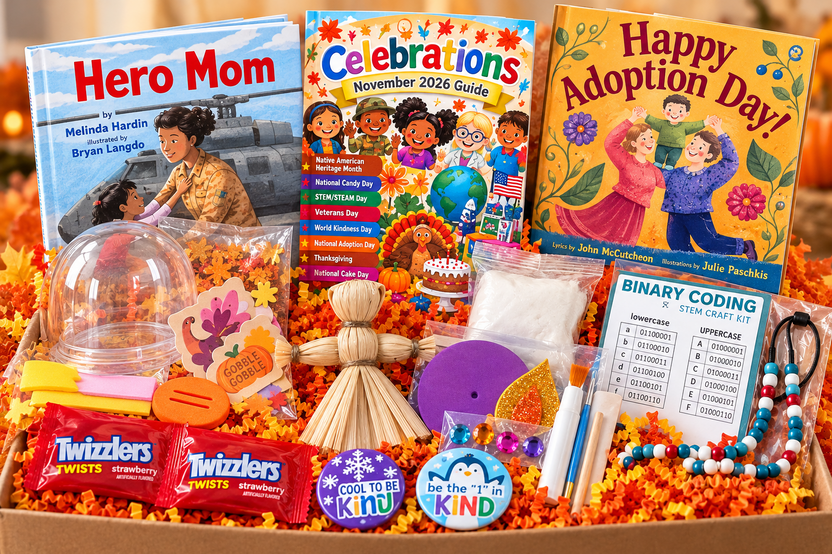 An open Celebrations box is filled with an activity guide, children's books and craft materials, keepsake and a candy treat.