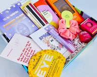 Halloween gift box for teen girls,: self care skin care items, make ups, chocolate bar and positive messages are included in the box