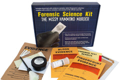 The blue product box called forensic science kit and its contents a fingerprint kit, blood tests and physical evidence