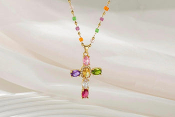 Multi-Color Beaded Gold Plated Cross Necklace — Rainbow Gemstone Cross Pendant, 16 Inch Chain with 2 Inch Extender, Gift for Her