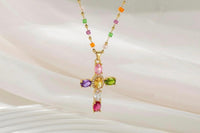 Multi-Color Beaded Gold Plated Cross Necklace — Rainbow Gemstone Cross Pendant, 16 Inch Chain with 2 Inch Extender, Gift for Her