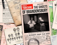 Close up photo of many newspapers and other pieces of evidence that are part of a mystery detective case game.