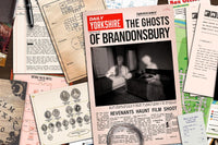 Close up photo of many newspapers and other pieces of evidence that are part of a mystery detective case game.