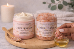 Sacred Trinity luxury body butter and pink exfoliating body scrub highlighting handcrafted texture and premium body care