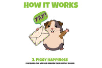 How It Works graphic showing a cartoon guinea pig happily holding an envelope, with the text “3. Piggy Happiness” and “Your guinea pigs will