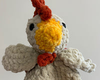 Medium size rooster.  the medium size mystery toy box includes a handmade crochet toy approximately 11-13" 