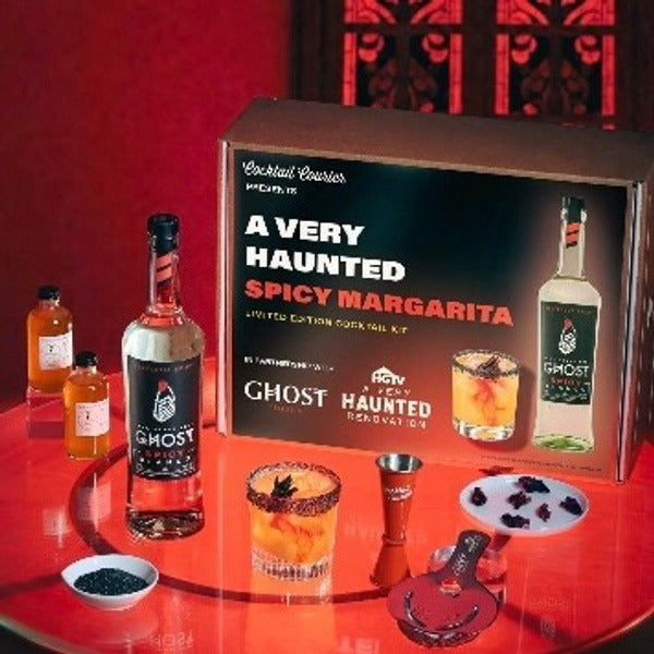Cocktail Courier Very Haunted Spicy Margarita kit with Ghost Tequila and black salt rim glasses