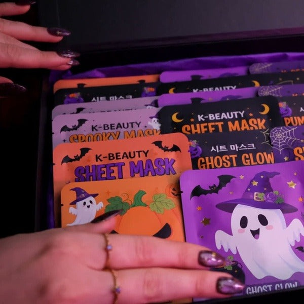 K-beauty sheet masks in ghost and pumpkin Halloween packaging