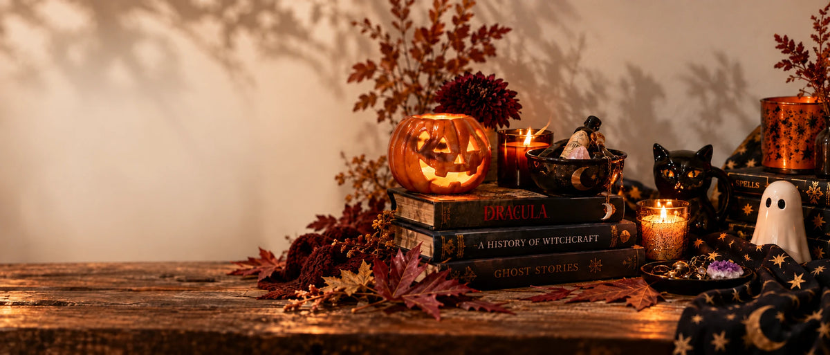 Halloween tabletop with a lit jack-o-lantern, Dracula and Ghost Stories books, candles, a black cat, and a ceramic ghost
