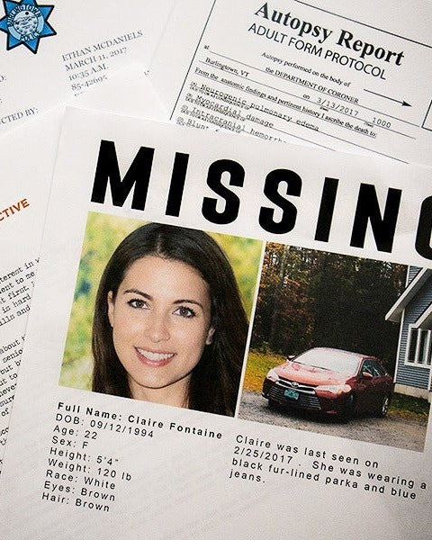 Be the Detective case file with a missing person poster and autopsy report