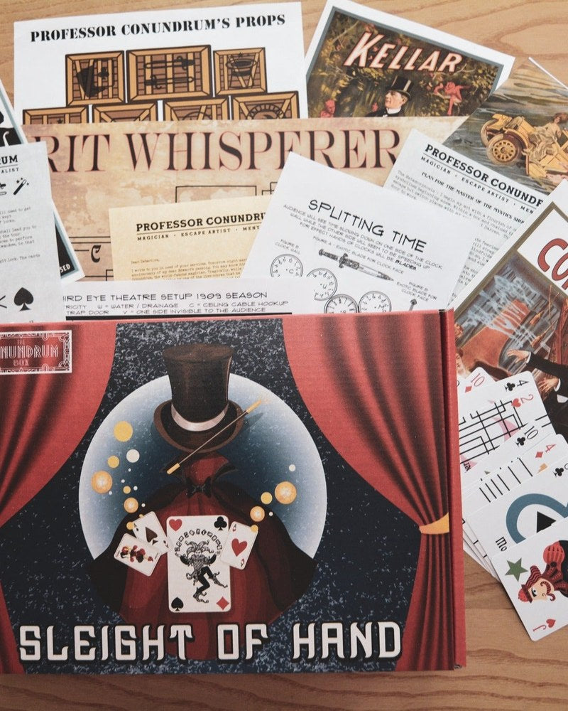 The Conundrum Box Sleight of Hand puzzle game with a spirit whisperer prop, playing cards and case papers