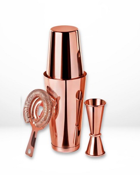 Rose gold cocktail shaker, strainer and jigger