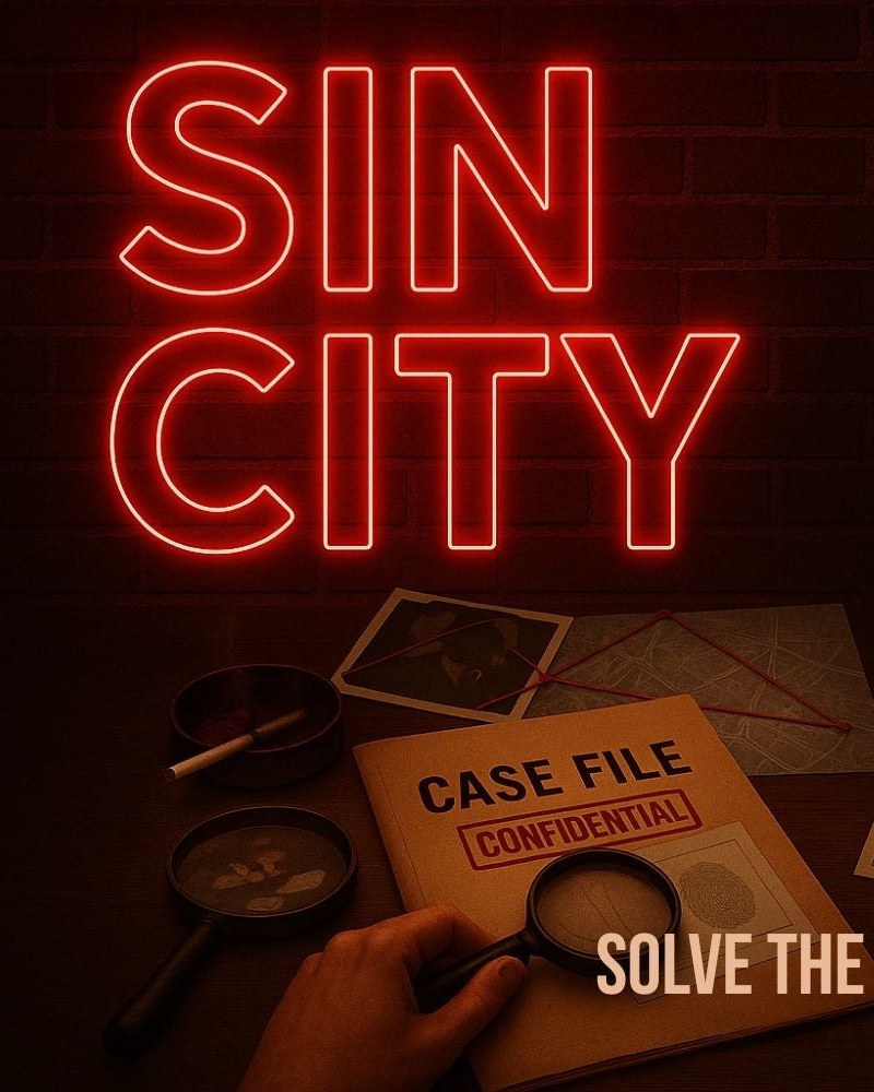 Sin City murder mystery game with a neon sign, case file and magnifying glass