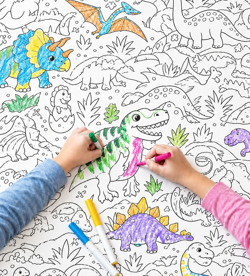 Two kids coloring a giant dinosaur coloring tablecloth with markers
