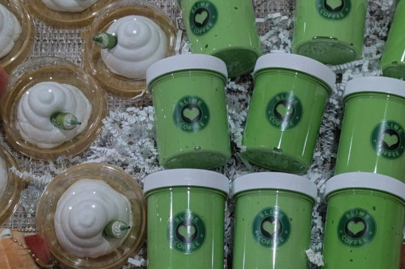 matcha tea scented clay slime super stretchy to calm and relax. great for adult and children, starbucks slime theme