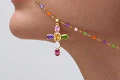 Multi-Color Beaded Gold Plated Cross Necklace — Rainbow Gemstone Cross Pendant, 16 Inch Chain with 2 Inch Extender, Gift for Her
