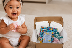 Baby playing with teething toy while sitting next the cloth diaper subscription box