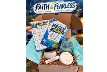 Faith and Fearless boys subscription box featuring Brave Mind activity cards, handmade blue soap, and self-care products