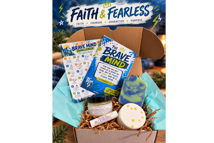 Faith and Fearless boys subscription box featuring Brave Mind activity cards, handmade blue soap, and self-care products