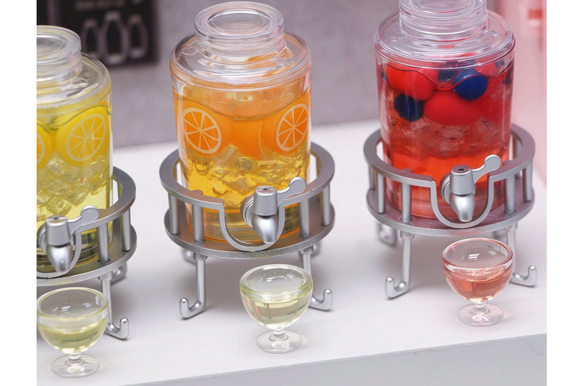 This is a photograph of a tiny miniature ice tea or lemonade dispenser.  There are tiny cups in front waiting to be filled. 