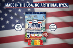 USA Gummies monthly subscription with American-made gummy bears, no artificial dyes, made with real fruit and vegetable colors.
