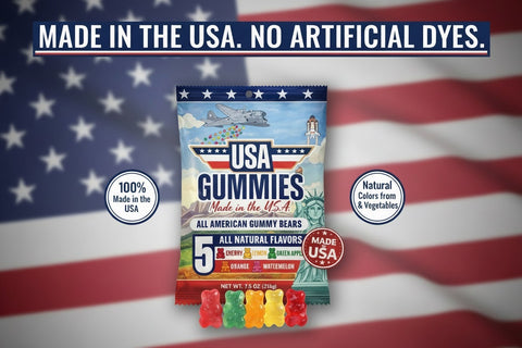 USA Gummies monthly subscription with American-made gummy bears, no artificial dyes, made with real fruit and vegetable colors.
