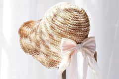 Monaco Cream Rose Ombré Ribbon Bow Straw Hat, Group Wedding and Anniversary Gift Hat, Mother's Day Gift