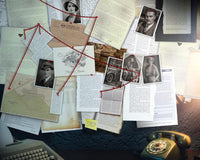 Close up photo of a board with connected pieces of paper and photos. It is about detective investigation and mystery box.