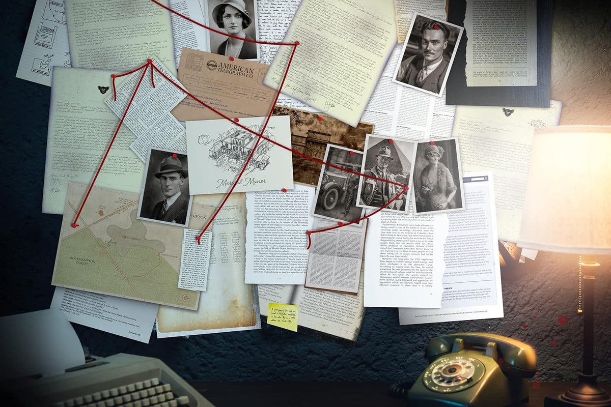Close up photo of a board with connected pieces of paper and photos. It is about detective investigation and mystery box.