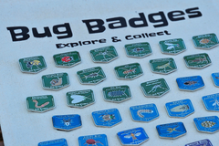 Bug Badges kids STEM subscription banner hanging on a tree, showing “Explore & Collect” and rows of collectible enamel insect pins