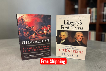 Two history books, Gibraltar and Liberty's First Crisis, sit on a white countertop waiting to be read.