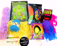 Easter Fidget Toy Box bubble pop, grow egg, sticky frogs, stretch noodlies, Needoh cool cats, squish egg, fuzzy bracelete