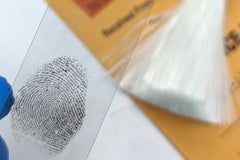 A latent fingerprint on glass that has been developed by applying black powder with a brush to make it visible. 