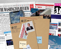 Close up photo of pieces of paper, news and phone lined up next and on top of each other. It is about some detective case.