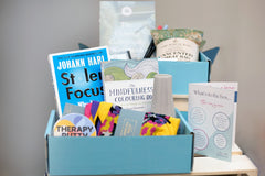 Sample boxes displayed on a crate, showing books, self care items, homeware, information cards, crafts and more