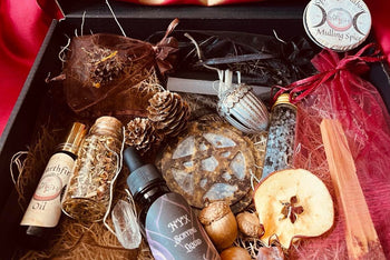 Mabon Sabbat items in the Busy Witch Box, featuring anointing oil, incense blend, and a pentacle altar tile in a subscription box setting