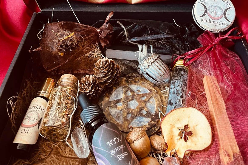 Mabon Sabbat items in the Busy Witch Box, featuring anointing oil, incense blend, and a pentacle altar tile in a subscription box setting