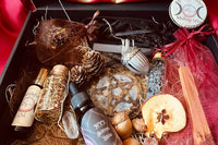 Mabon Sabbat items in the Busy Witch Box, featuring anointing oil, incense blend, and a pentacle altar tile in a subscription box setting