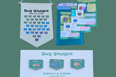 Bug Badges starter kit, includes cards, pins, and display wall banner. Shows a complete banner (not included).