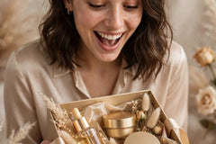 model is excited about receiving a gold gift box in silk ribbon with gold themed skincare products while unboxing each product one by one