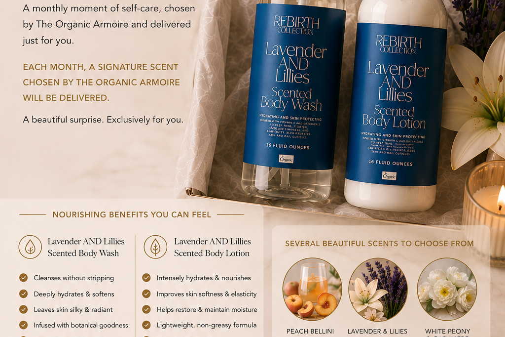 The Organic Armoire REBIRTH luxury body care subscription featuring Lavender and Lillies 16 oz Body Wash with nourishing benefits and monthl