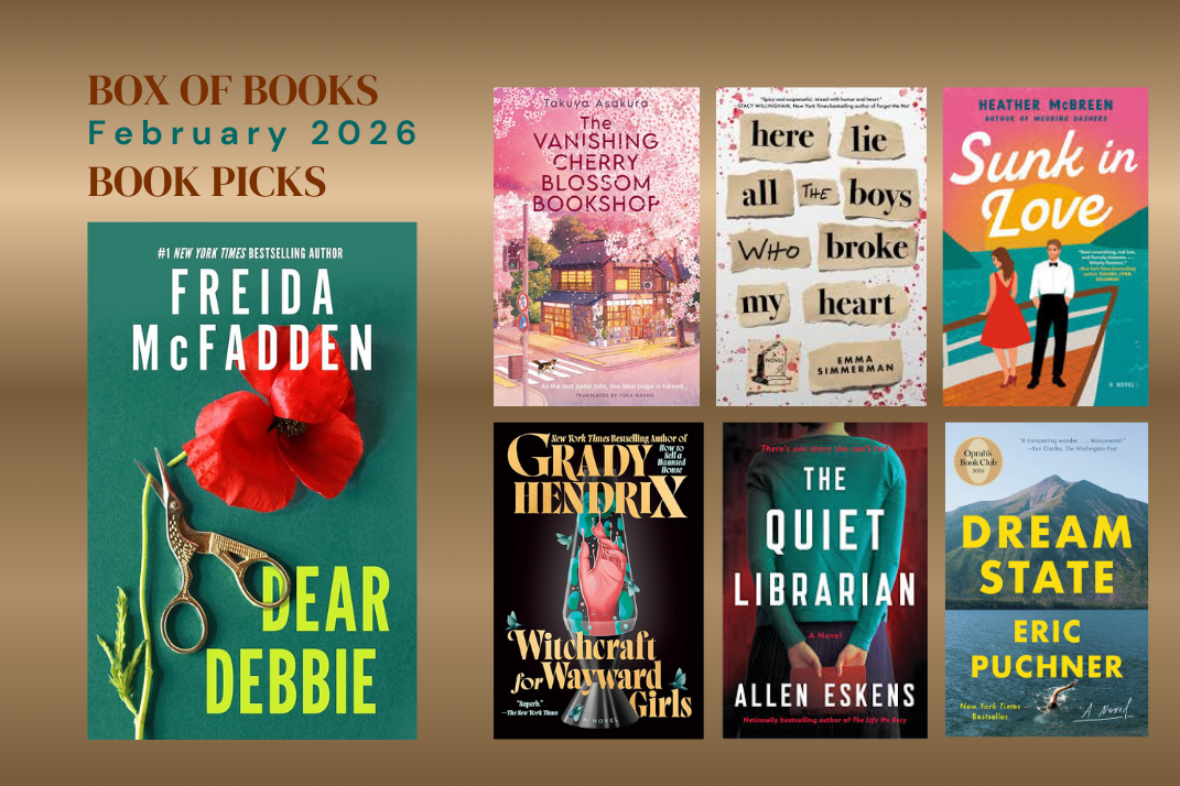 February 2026 book selections for Books & More and Just Books Deluxe boxes. 7 Books on brown gradient background.