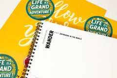 monthly sketchpad with daily drawing prompts with the theme grand adventure and drawing prompts that relate to locations and adventures.