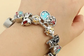 Vintage Lilo And Stitch V-Day Charming Silver Charm Bracelet w/ 9 Sapphire Embellished Charms