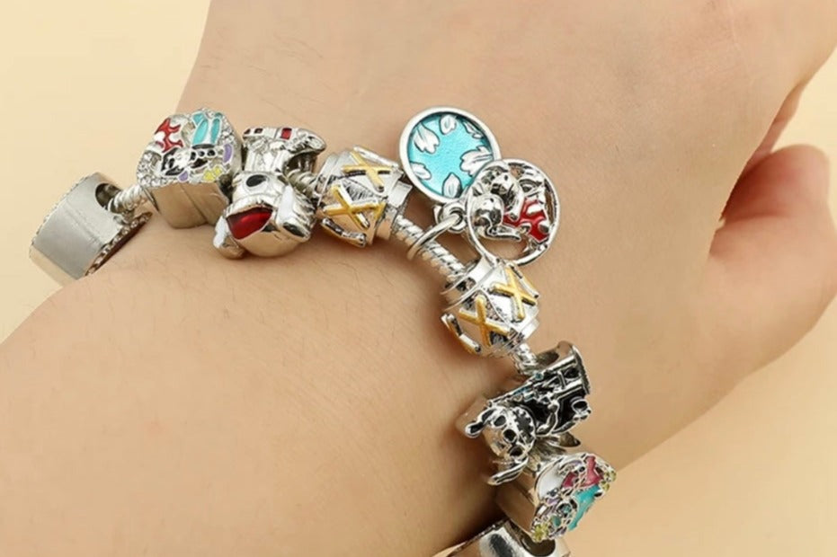 Vintage Lilo And Stitch V-Day Charming Silver Charm Bracelet w/ 9 Sapphire Embellished Charms