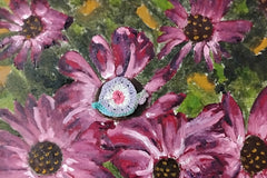 Greeting card sample- original oil painting of purple flowers with a snail